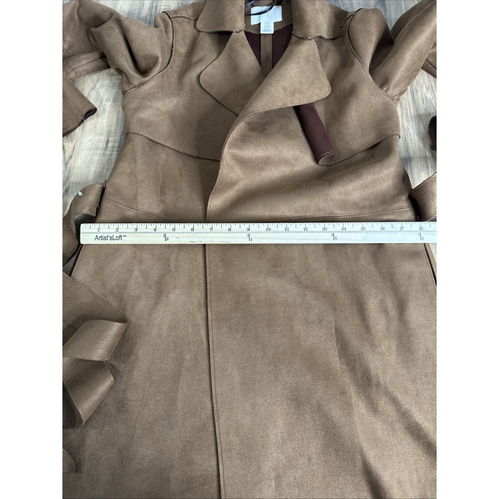 H&M Faux Suede Oversized Jacket Womens XS Tan Longline Coat Belted Pockets - Picture 8 of 14